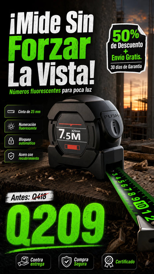 Cinta Métrica de Alto Rendimiento 7.5M x 25mm con Numeración Fluorescente