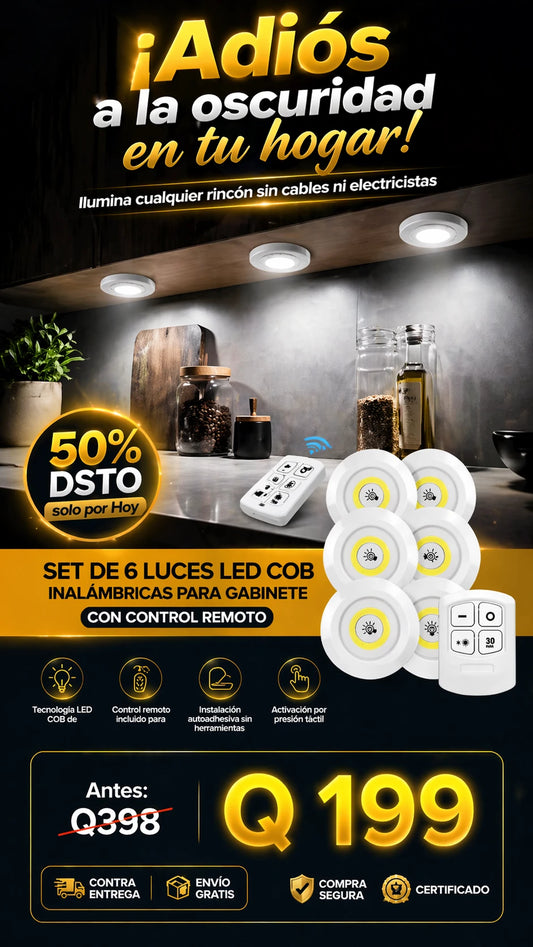 Set de 6 Luces LED COB Inalámbricas para Gabinete con Control Remoto