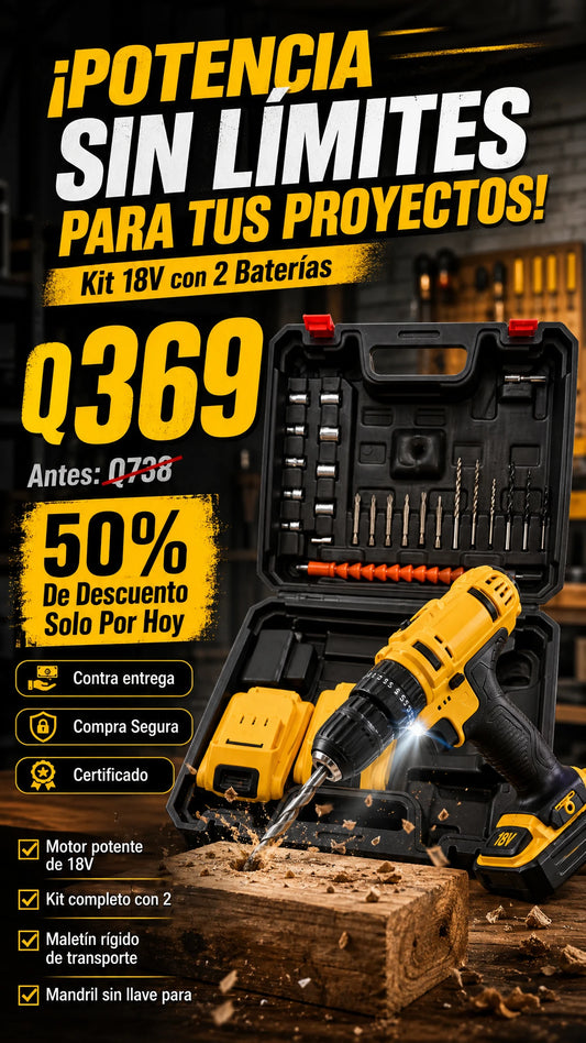 Kit de Taladro Atornillador Inalámbrico 18V con Accesorios y Maletín