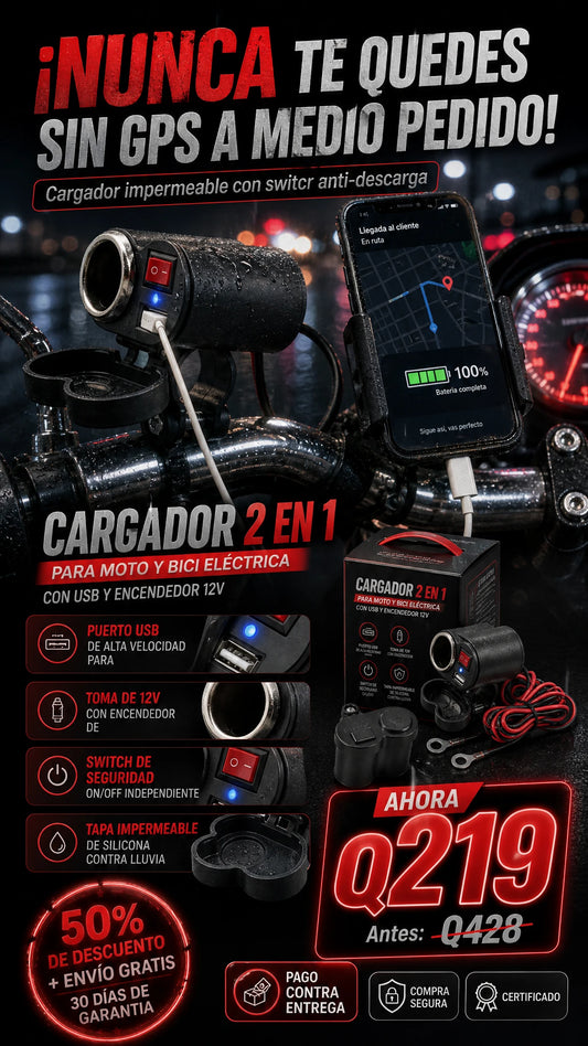 Cargador 2 en 1 para Moto y Bici Eléctrica con USB y Encendedor 12V