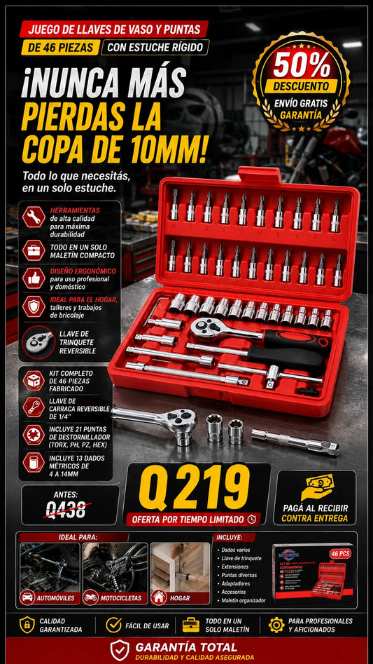 Juego de Llaves de Vaso y Puntas de 46 Piezas con Estuche Rígido