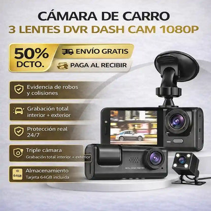 Cámara 3 Lentes DVR Dash: Seguridad Total 24/7 Sin Puntos Ciegos