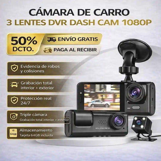 Cámara 3 Lentes DVR Dash: Seguridad Total 24/7 Sin Puntos Ciegos