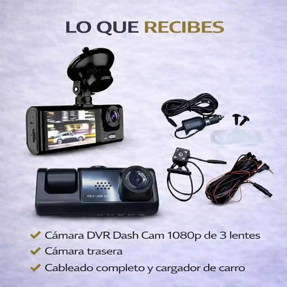 Cámara 3 Lentes DVR Dash: Seguridad Total 24/7 Sin Puntos Ciegos
