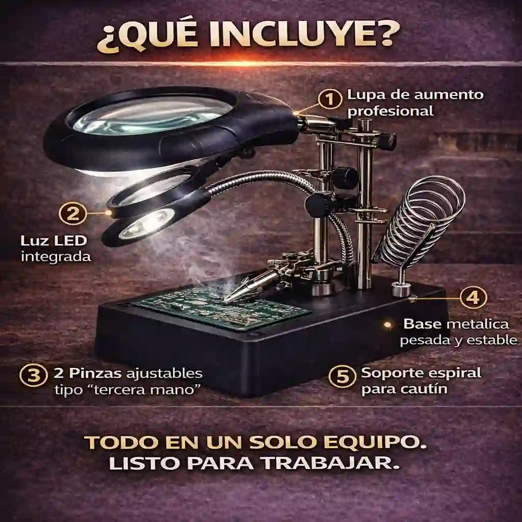 Soporte de soldadura con lupa, pinzas y luz led