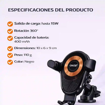 Soporte con Carga Inalámbrica – Seguro, visible y cargando mientras conduces