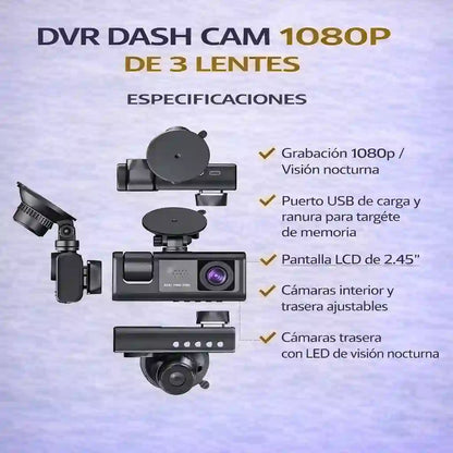 Cámara 3 Lentes DVR Dash: Seguridad Total 24/7 Sin Puntos Ciegos